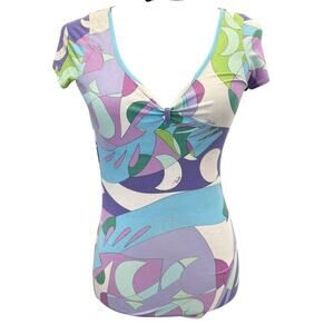 Vintage Emilio Pucci Italy Abstract Print Stretch Top XS Purple Green Blue